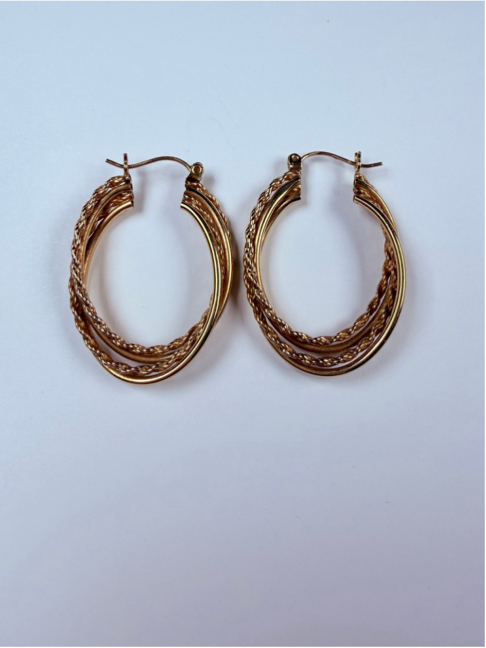 14K Solid Yellow Gold Large Oval Quadruple Twist Textured Contrast 1.4" Hoops
